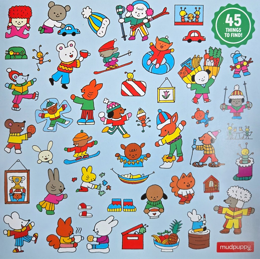 A light blue background filled with cute cartoon animals engaging in various winter and indoor activities.