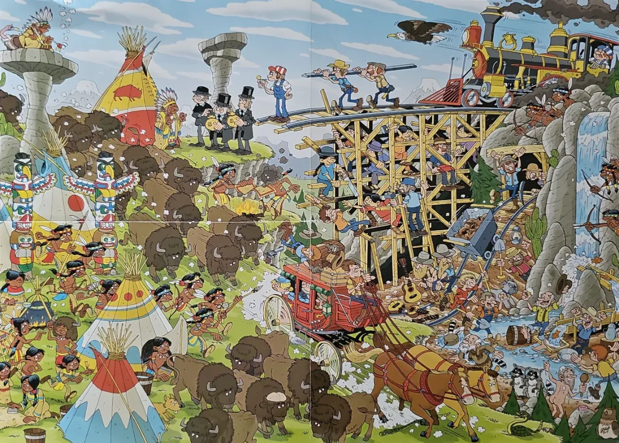 A busy cartoon illustration showing the American Old West with Native Americans, settlers, a train, and bison.