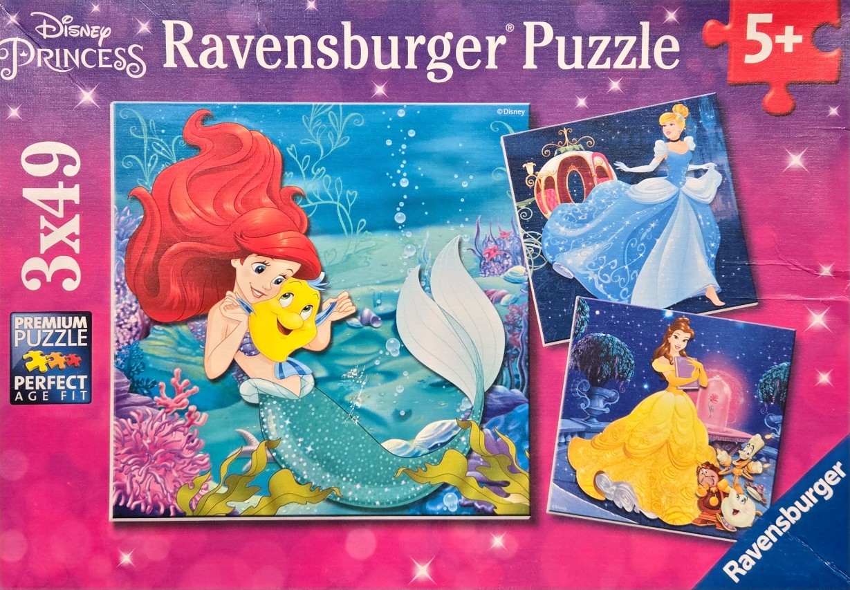 Three separate illustrations featuring Disney princesses Ariel, Cinderella, and Belle.