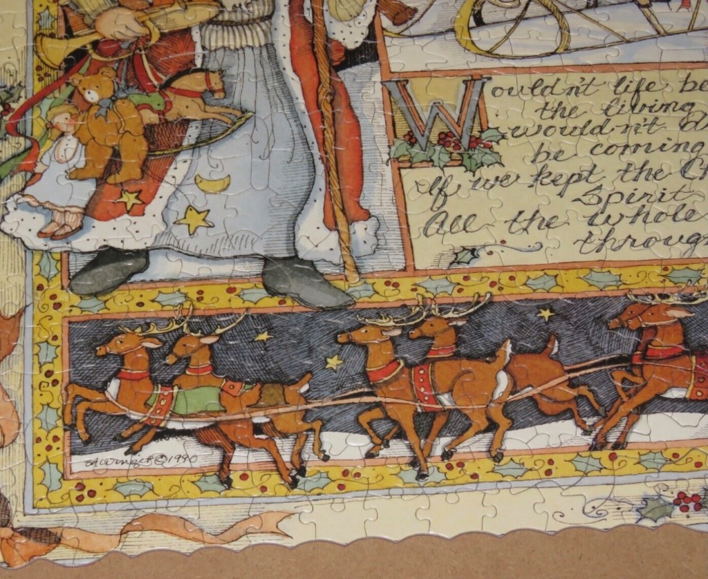 A whimsical Christmas illustration featuring Santa, toys, and flying reindeer with decorative script.