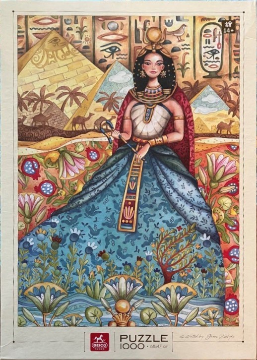 An illustration of an Egyptian queen in a decorative dress surrounded by pyramids and desert flora.