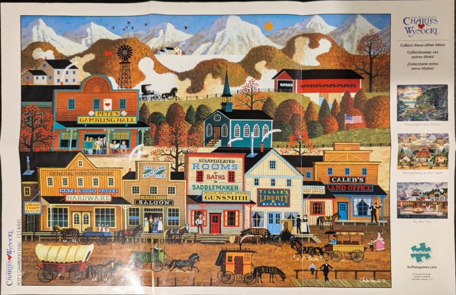 Folk art illustration of a bustling 19th-century American frontier town with horses, wagons, and mountains in the back.