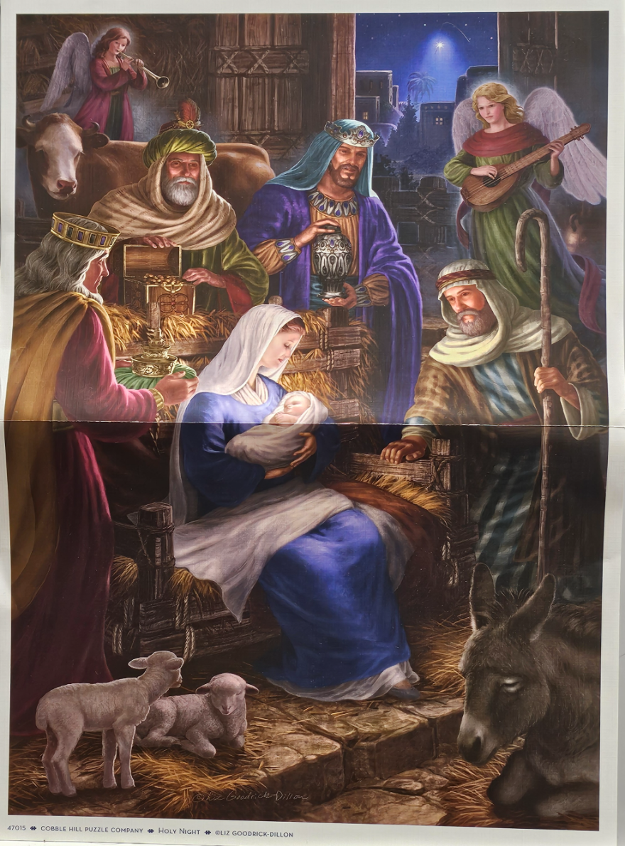 A nativity scene featuring Mary, Joseph, and the Magi gathered around the baby Jesus in a stable with angels above.