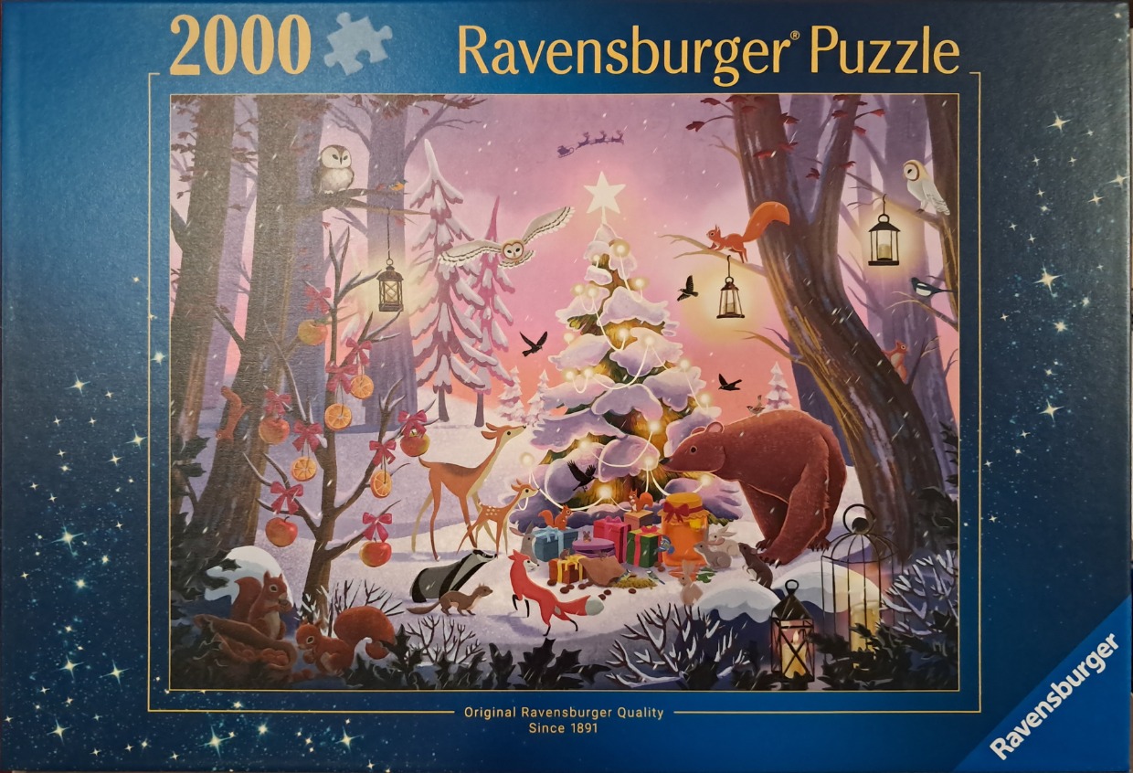 A whimsical illustration of a snow-covered forest clearing with a Christmas tree surrounded by woodland animals.