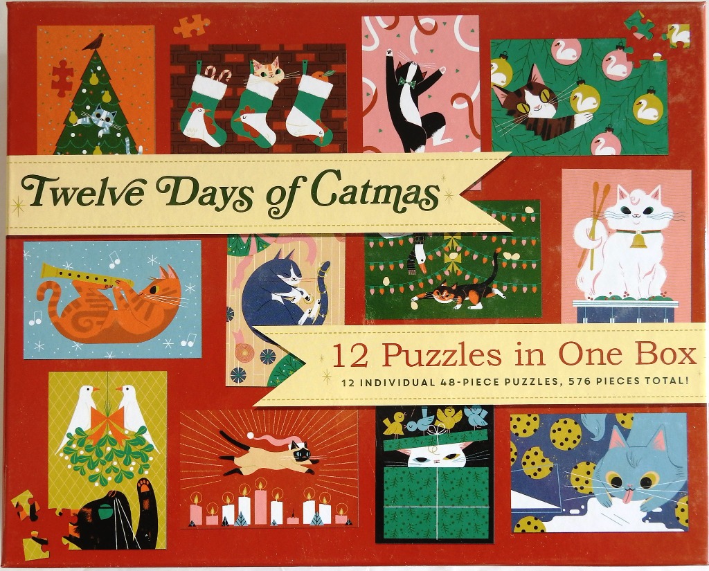 Twelve illustrations of cats in festive holiday scenes on a red background