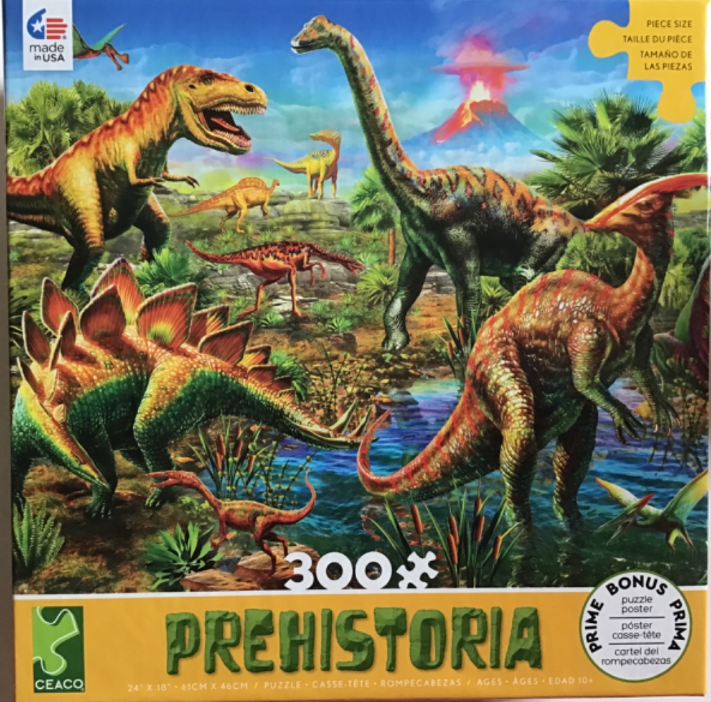 A vibrant prehistoric scene featuring various dinosaurs, a volcanic eruption, and lush jungle vegetation.