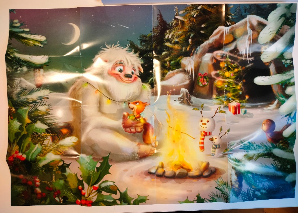 A cartoon yeti and a small fox sitting by a campfire in a snowy, festive forest at night.