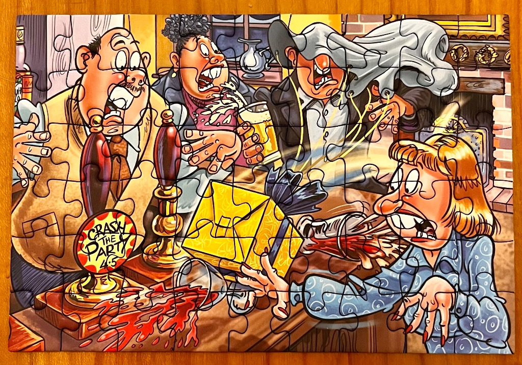 Cartoon of people in a pub, spilled drinks, yellow gift box.