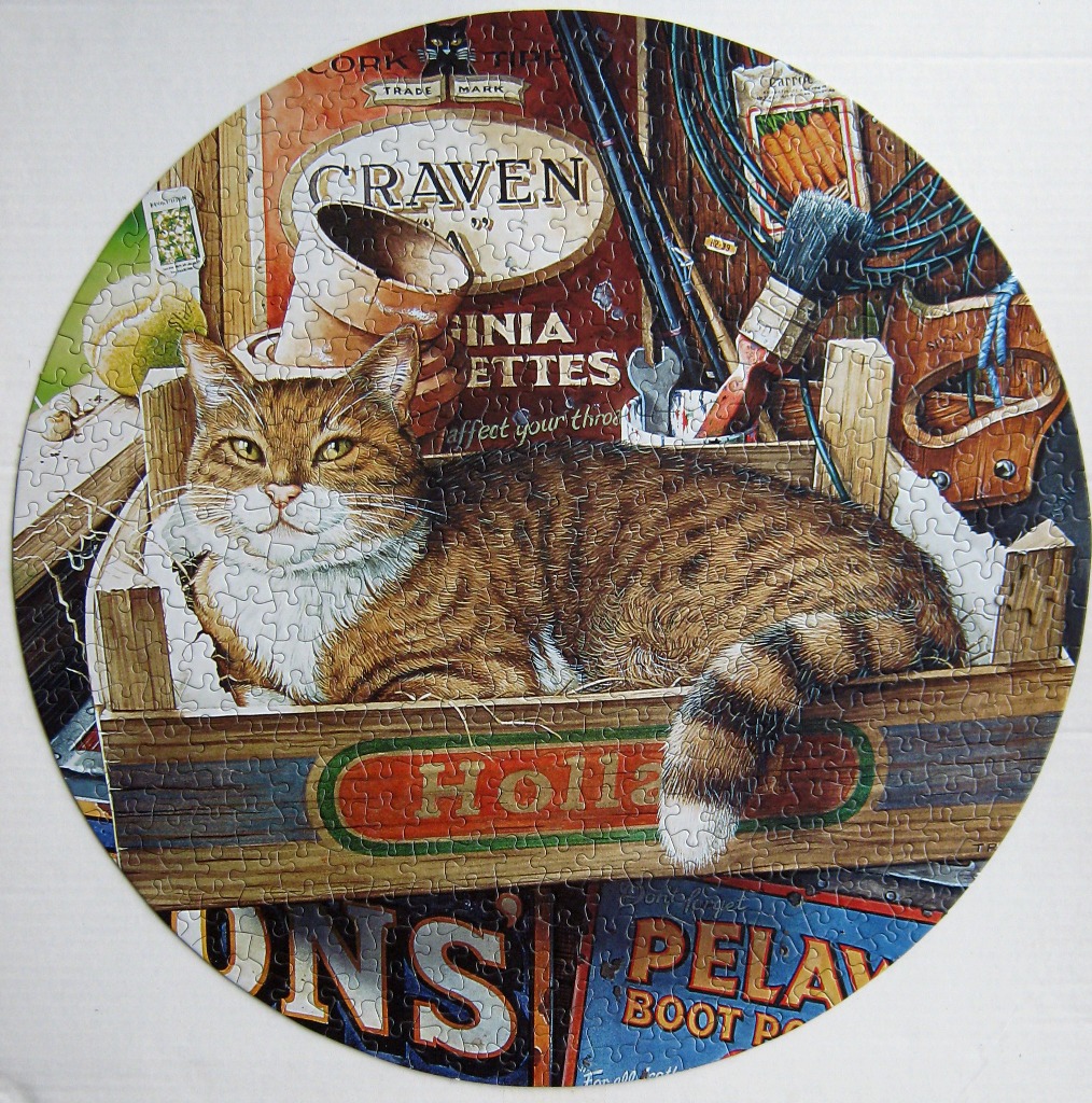 A brown and white tabby cat resting in a wooden crate surrounded by vintage advertising signs.