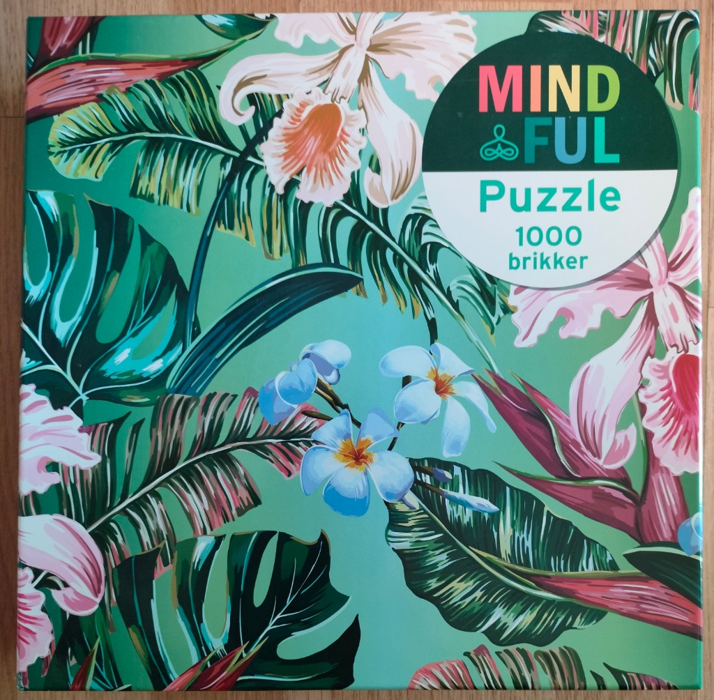 Tropical botanical illustration featuring orchids, frangipani, and large palm leaves on a green gradient background.