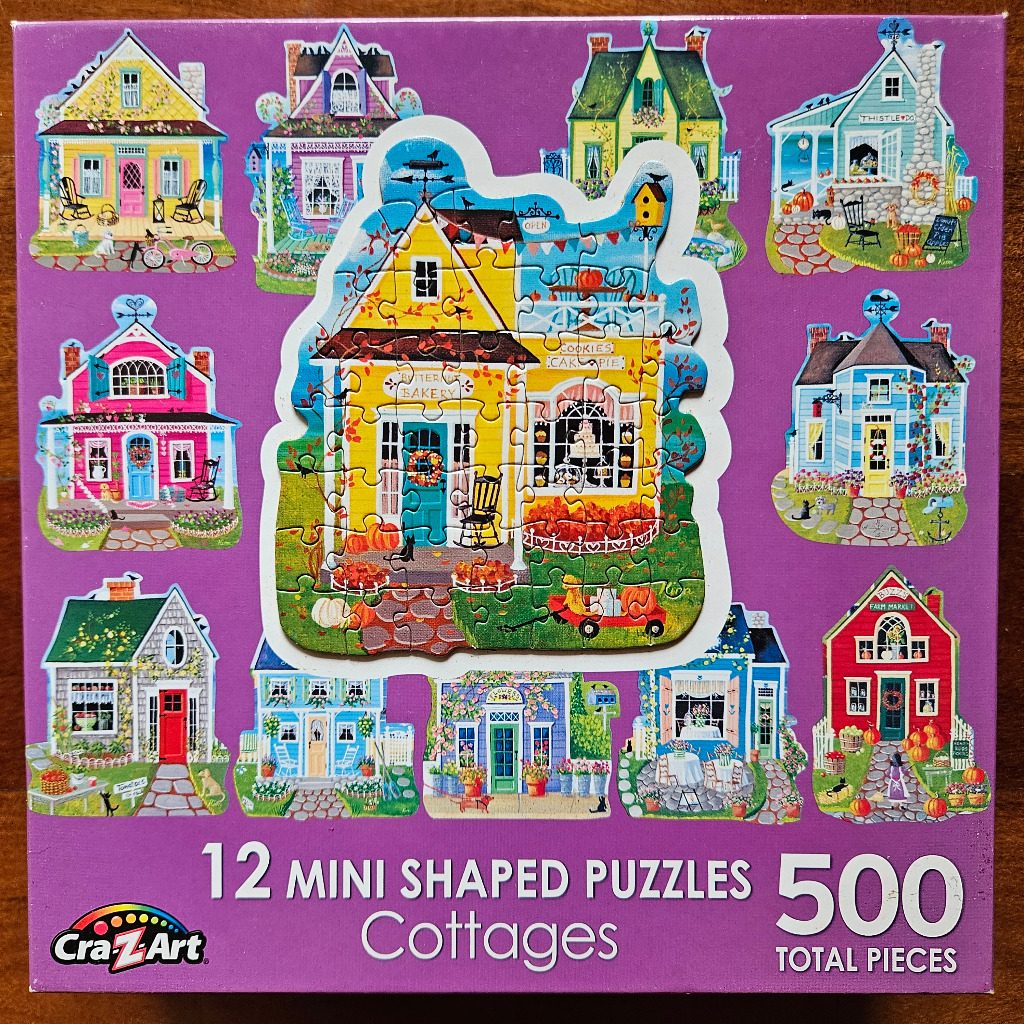 A collection of twelve colorful illustrated cottages on a purple background.