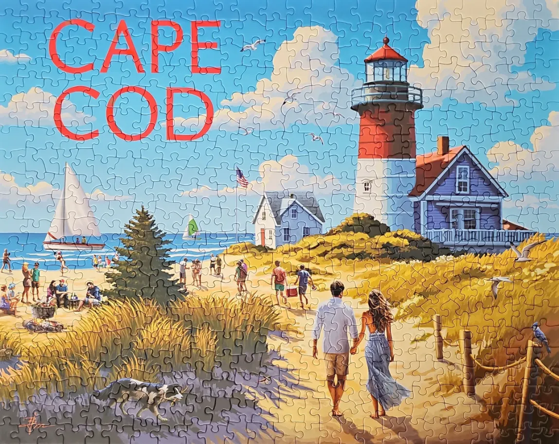 Vintage-style travel poster of Cape Cod featuring a lighthouse, a couple on a beach path, and sailboats.