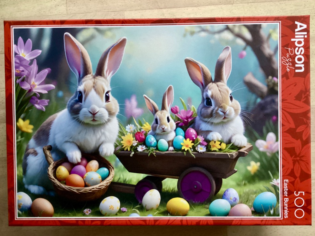 Three cute rabbits gathered around a wooden cart and a basket filled with colorful Easter eggs in a sunlit garden.
