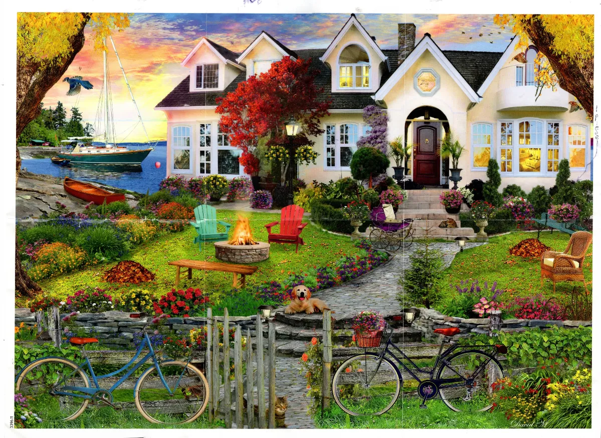 A peaceful lakeside cottage with a fire pit, bicycles, and pets at sunset.