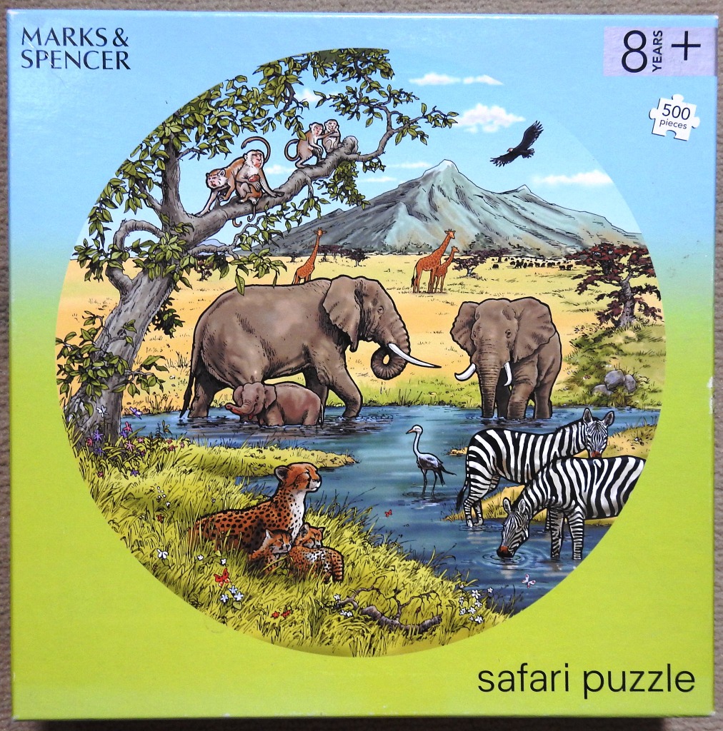 An illustration of African wildlife gathering around a watering hole in front of a distant mountain range.
