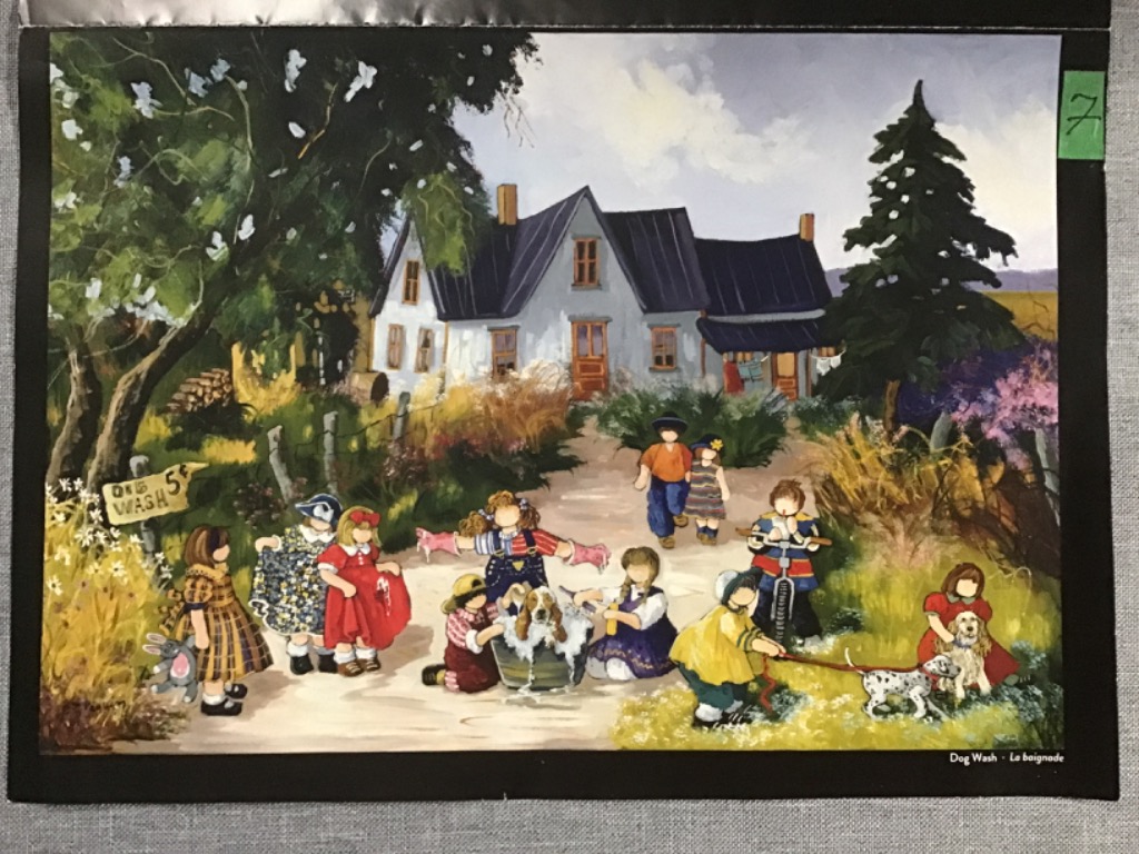 A whimsical painting of children washing dogs in front of a rural farmhouse.