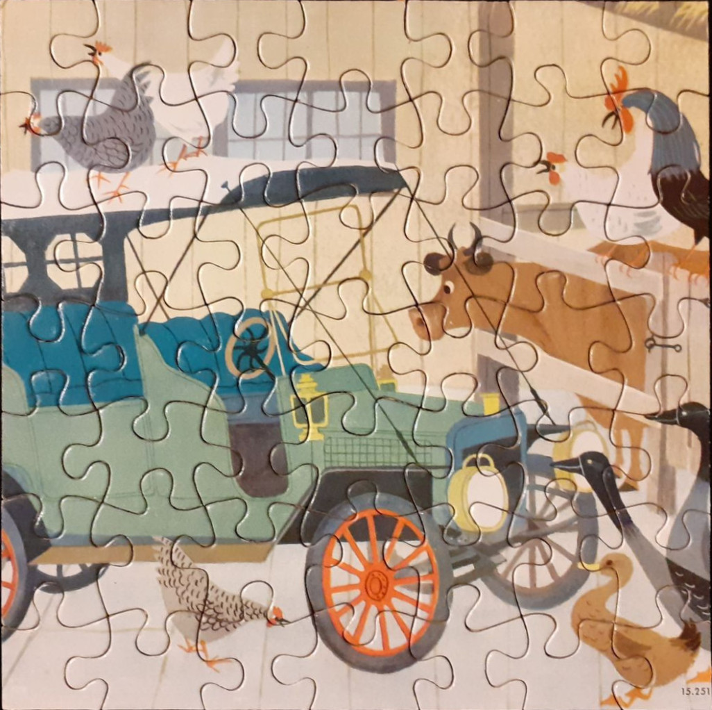 An illustration of a vintage car parked in a farmyard with a cow, chickens, and ducks.
