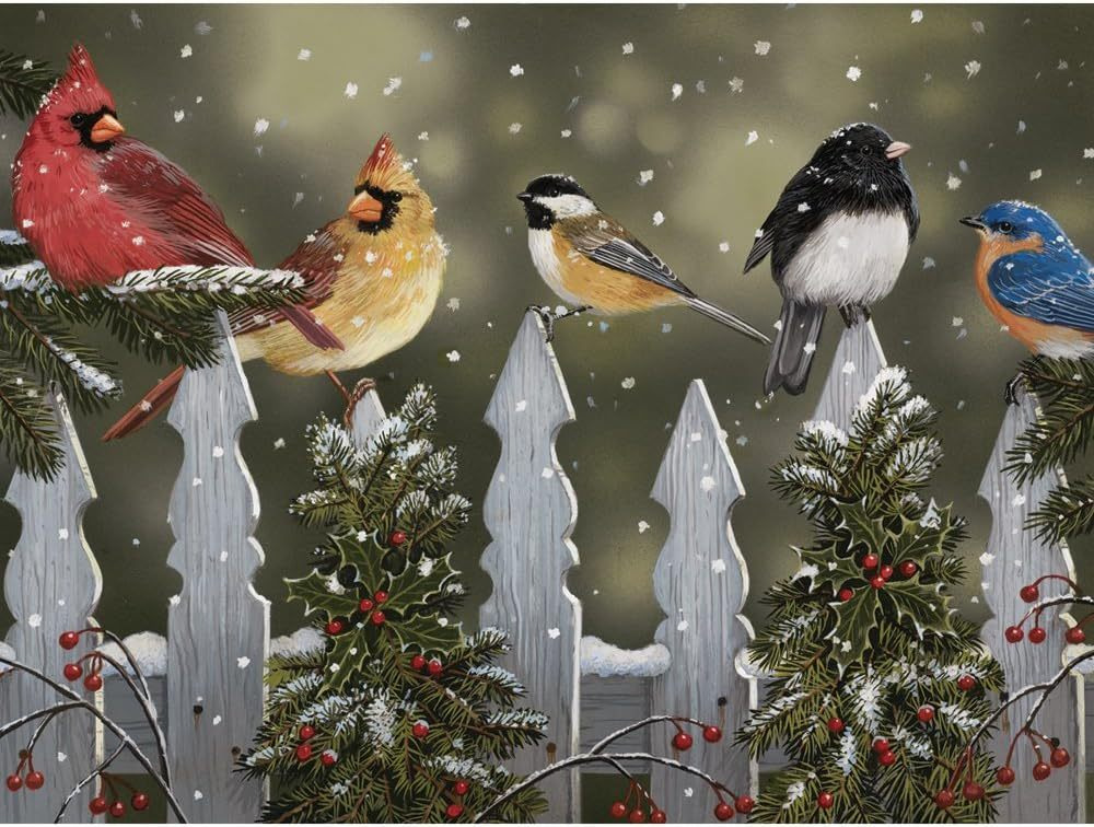 Five colorful birds perched on a snowy wooden picket fence during a winter snowfall