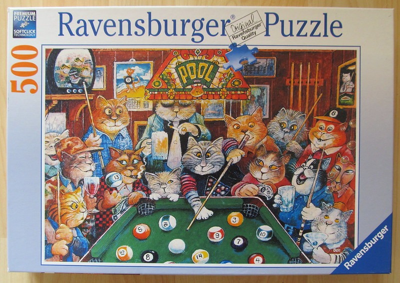 An illustration of many anthropomorphic cats playing pool in a dimly lit tavern.