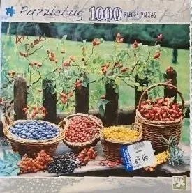 Wicker baskets filled with various colorful berries and rosehips against a green garden fence backdrop.