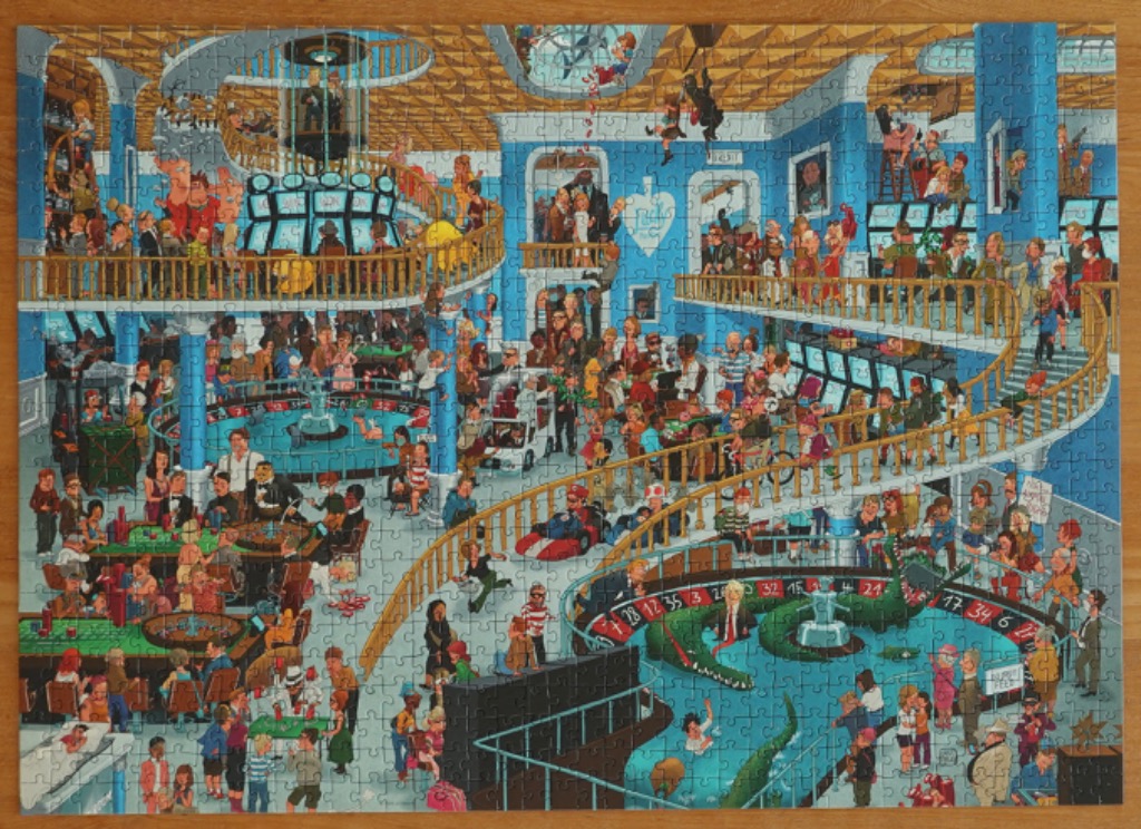 Cartoon illustration of a busy, multi-level casino filled with pop culture characters.