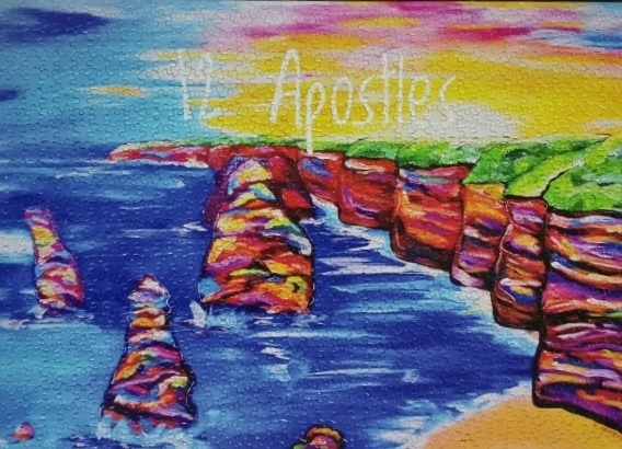 A vibrant, impressionistic painting of the Twelve Apostles limestone stacks at sunset.