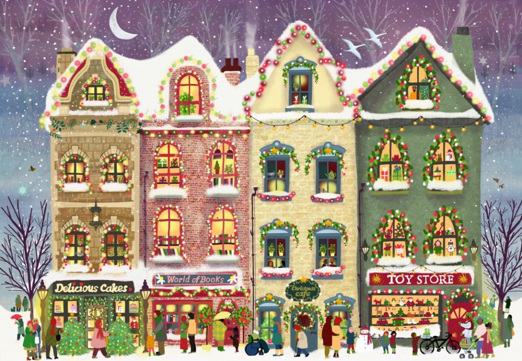 A whimsical illustration of a snowy city street at night featuring four festive shops decorated for the holidays.