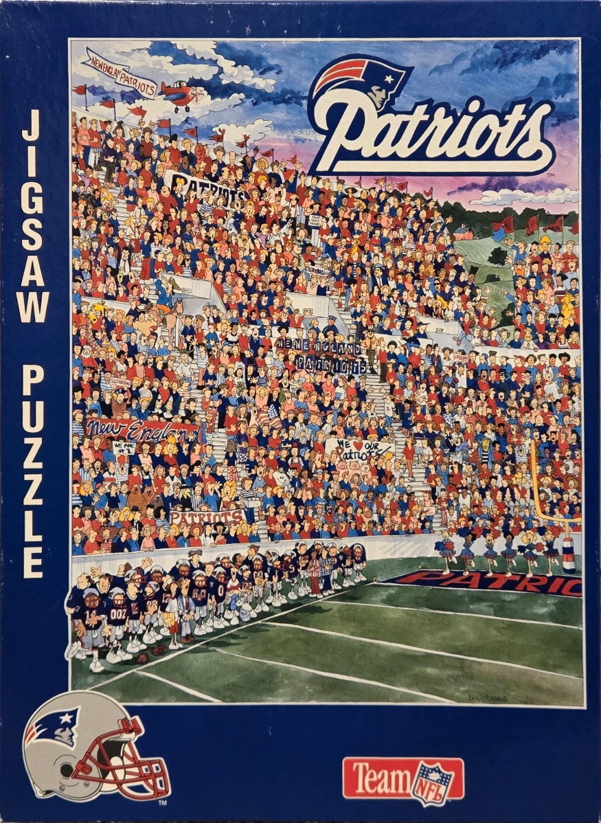 Cartoon illustration of a crowded football stadium filled with cheering fans and cheerleaders.