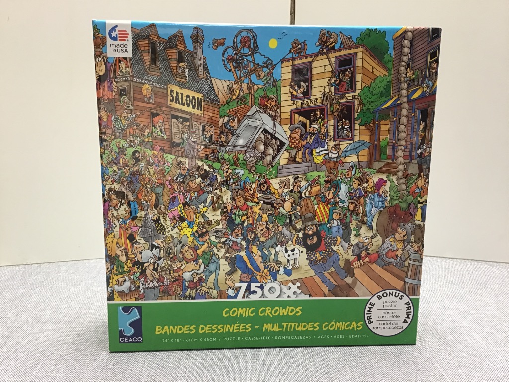 Cartoon illustration of a chaotic, crowded Old West town street scene filled with various zany characters.