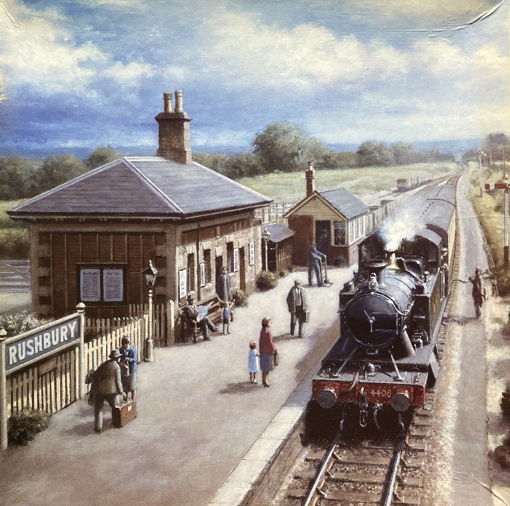 An oil painting of a steam train arriving at the rural Rushbury railway station.