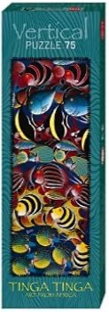 An illustration of various tropical fish swimming in a vertical arrangement in the Tinga Tinga art style.