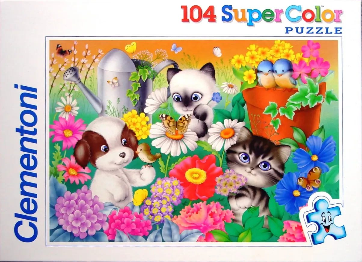Cartoon illustration of two kittens and a puppy playing in a colorful flower garden.
