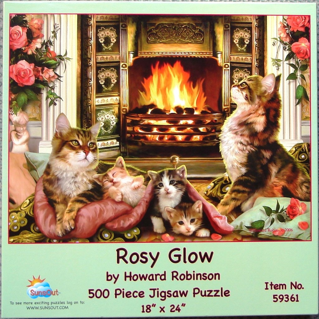 A cozy fireplace scene with four kittens nestled on blankets, surrounded by blooming roses.