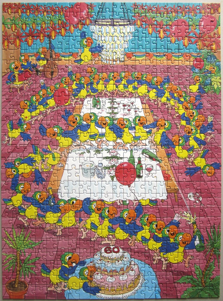 A festive illustration of dozens of parrots dancing around a large dining table at a 60th birthday party.
