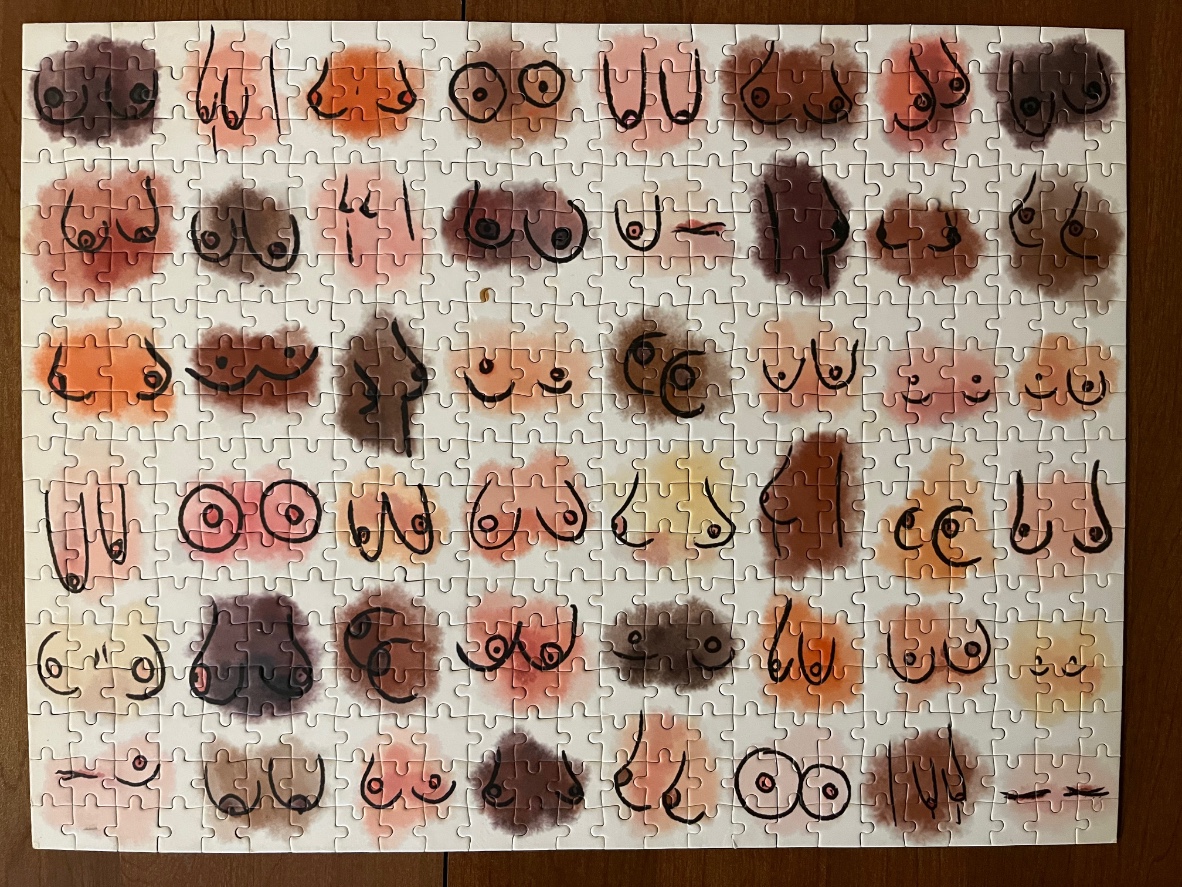 An illustration featuring a grid of various hand-drawn, watercolor-style depictions of breasts in diverse shapes and sizes.