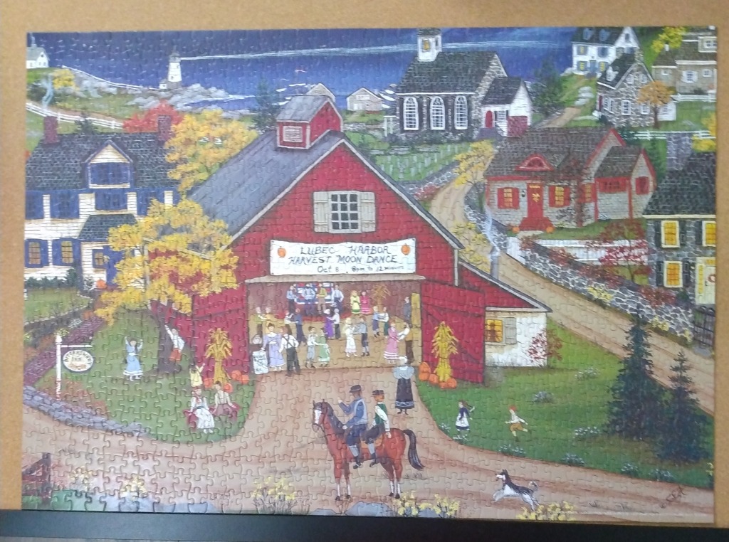 A folk art style illustration of a barn dance celebration in a coastal New England village at night.