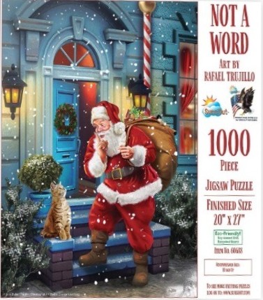 Santa Claus whispering 'shh' to a cat on a snowy doorstep