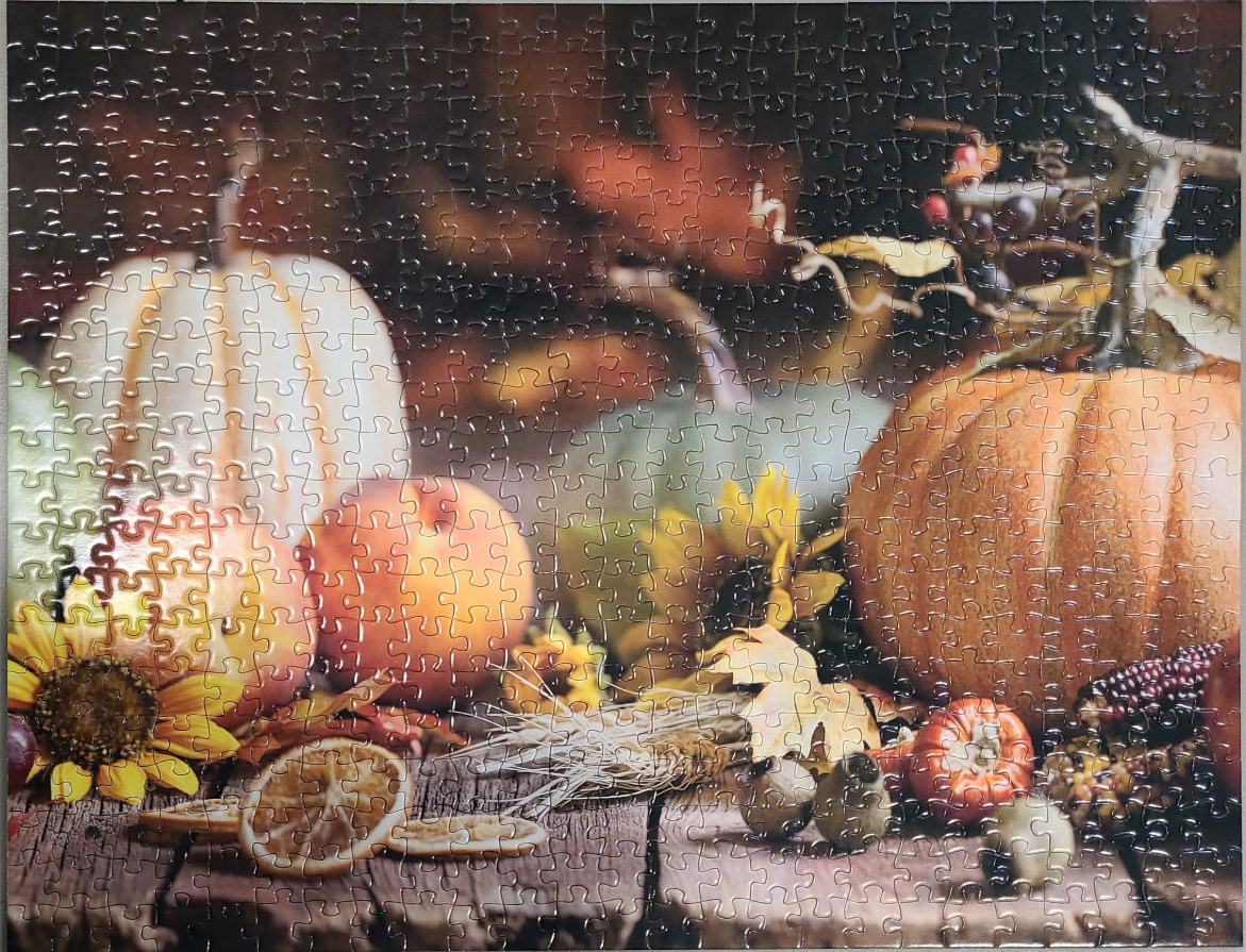 Rustic autumn harvest still life featuring pumpkins, gourds, sunflowers, and dried fruits on a dark wooden table.