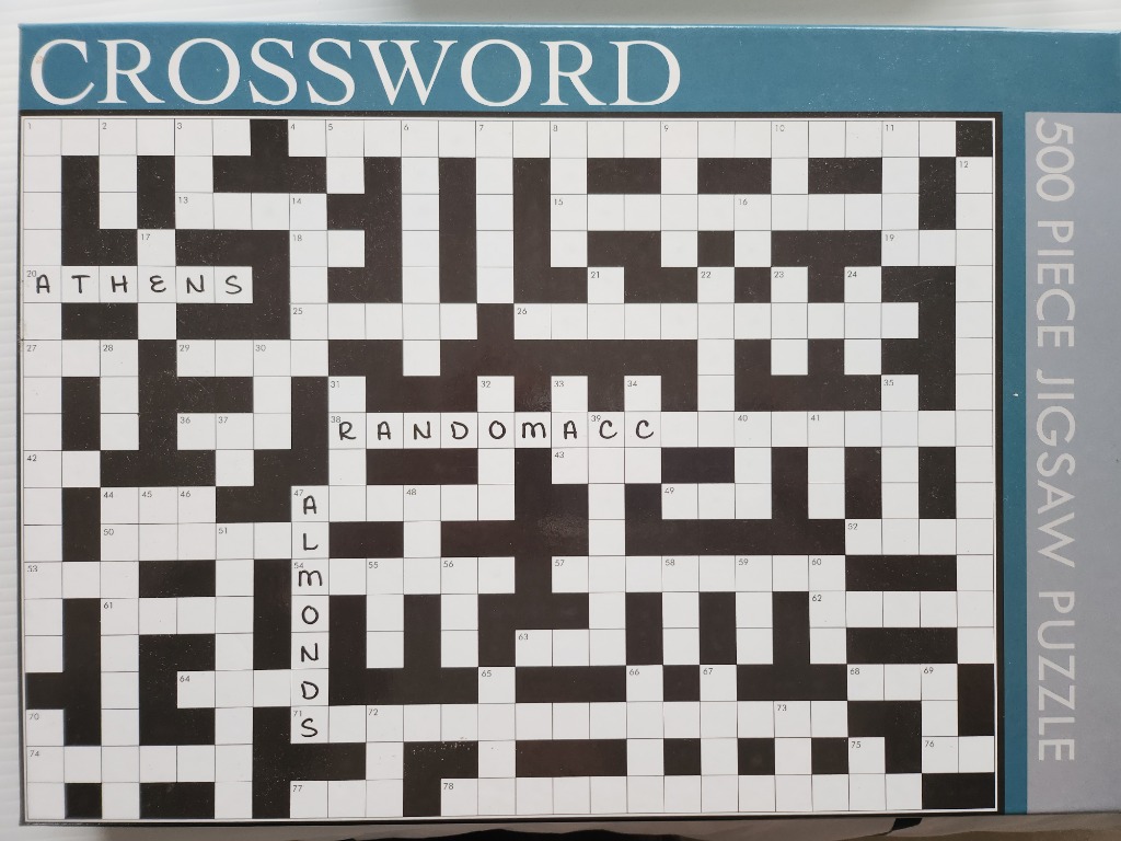 A partially completed crossword puzzle on a white grid with black squares and blue border text.