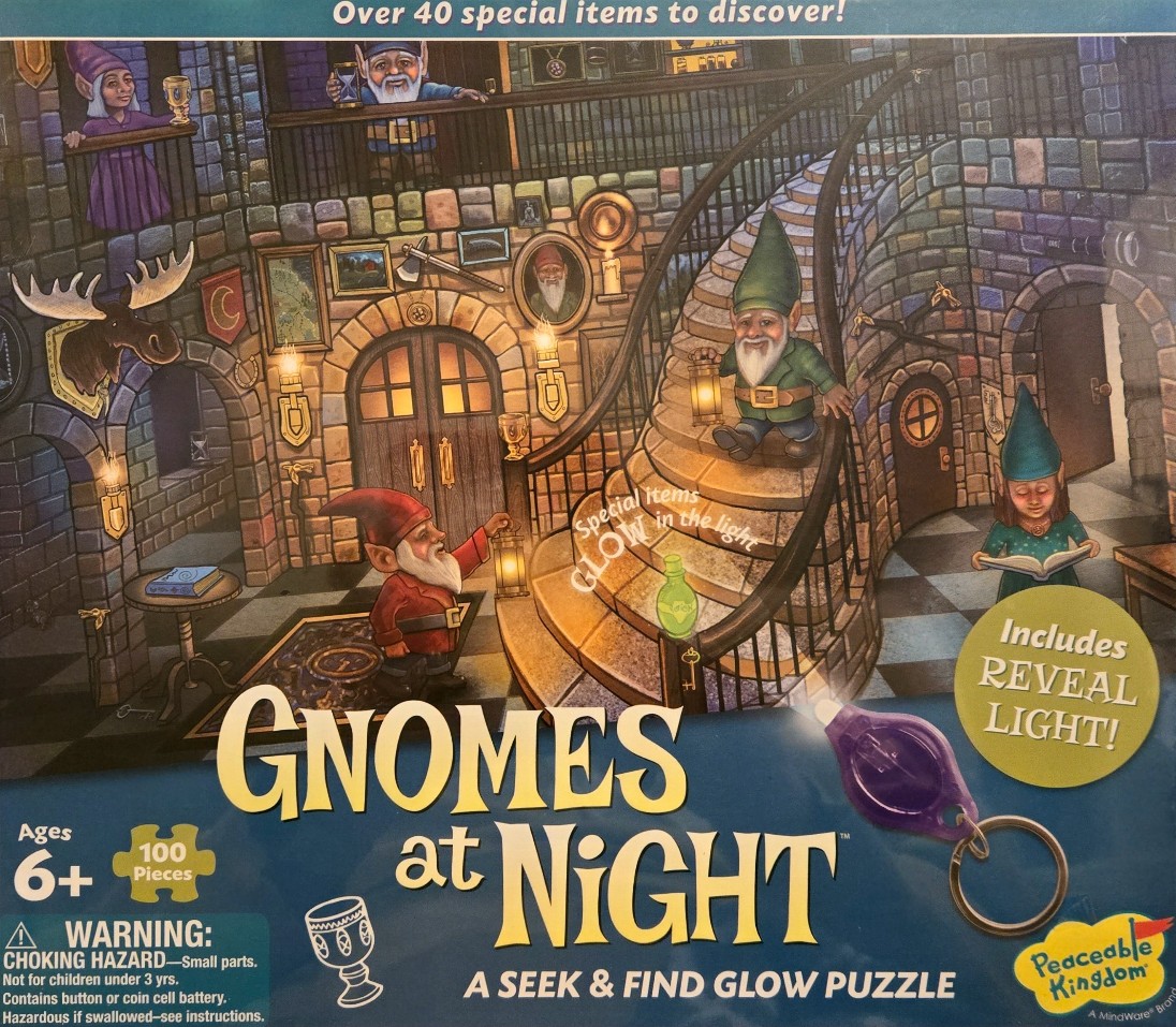Fantasy illustration of garden gnomes inside a stone castle staircase at night