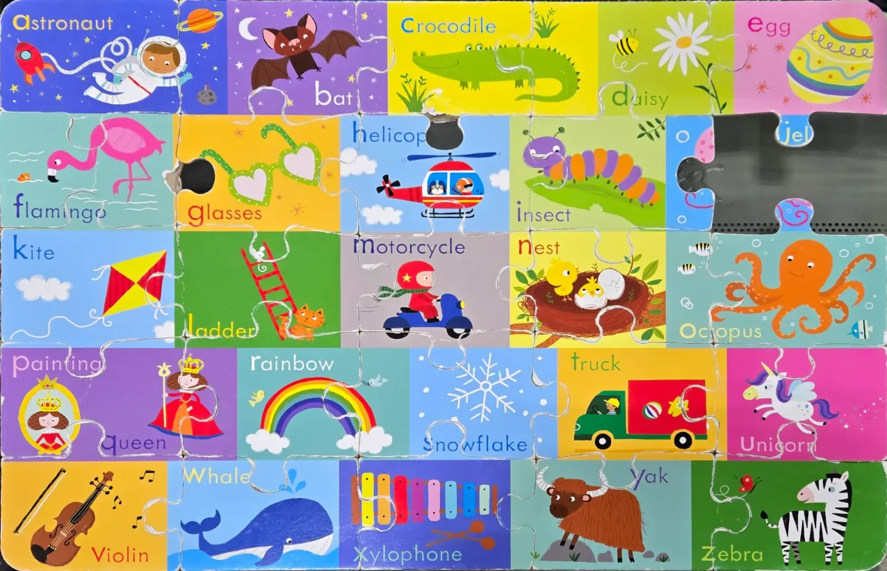 An alphabet-themed educational illustration featuring various animals and objects in a grid format.
