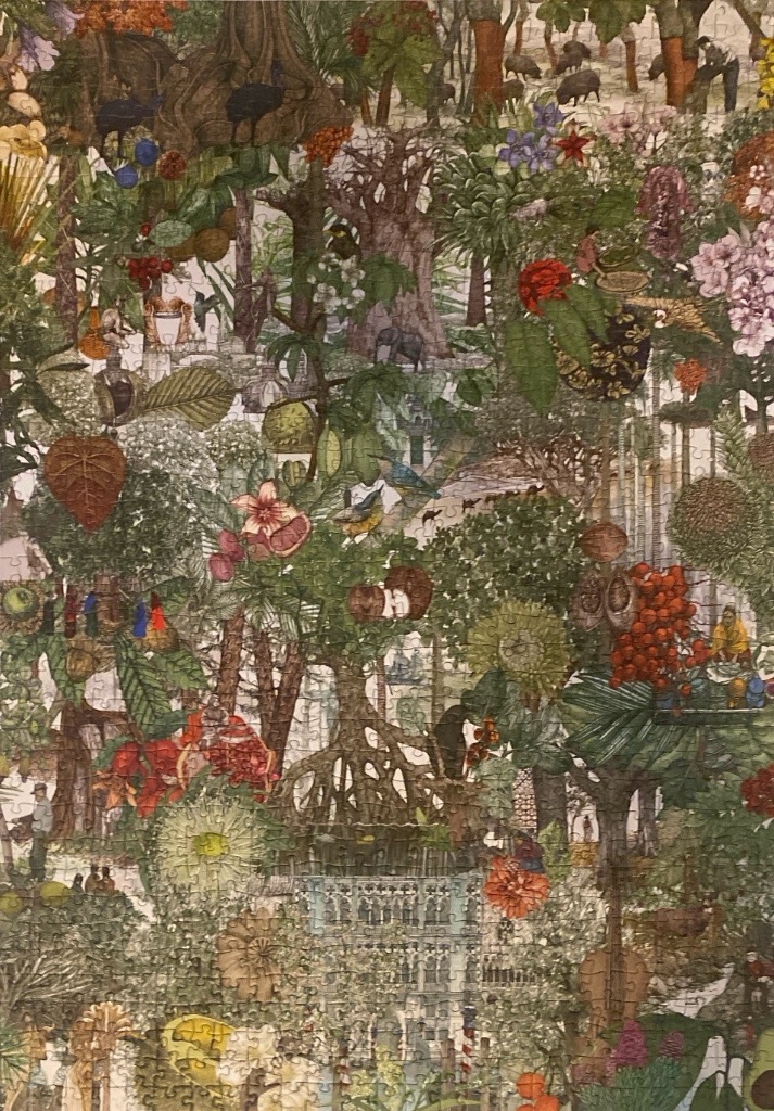 Detailed botanical illustration of a lush, crowded jungle scene with hidden figures, animals, and architectural elements.