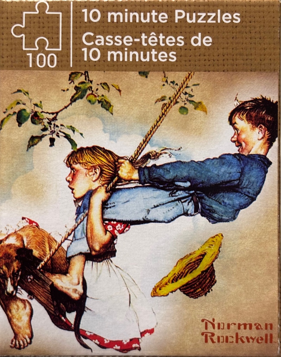 Norman Rockwell illustration of a boy and girl playing on a rope swing beneath an apple tree.