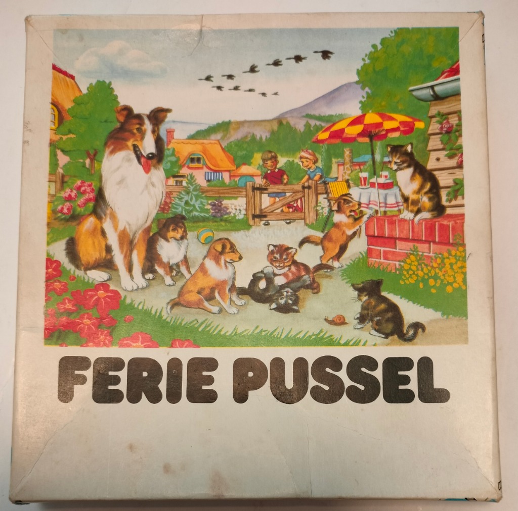 A children's illustration of a collie dog, several puppies, and kittens playing in a sunny garden.