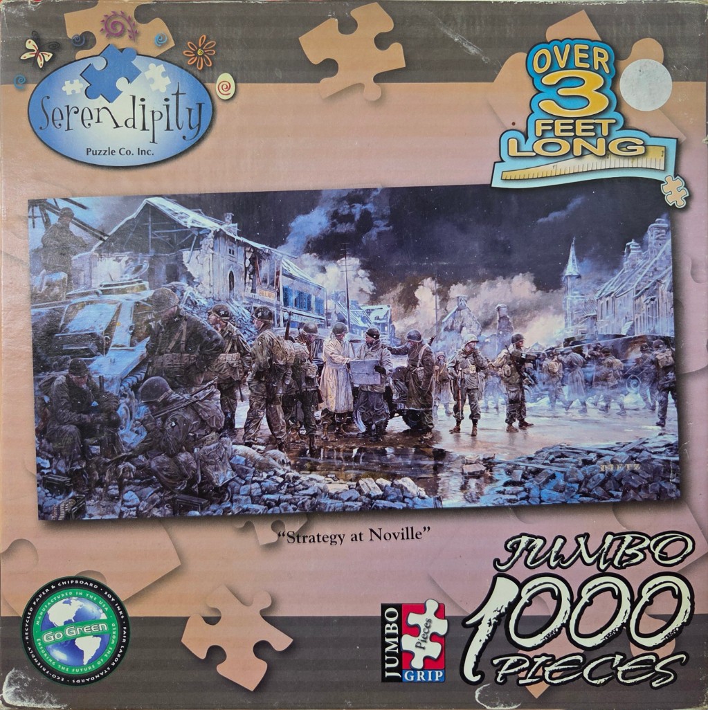 A realistic war illustration of American soldiers studying a map in a ruined European town during winter.