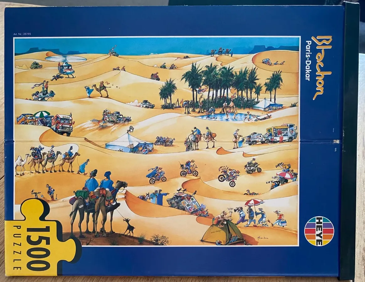 Cartoon illustration of the Paris-Dakar rally featuring off-road vehicles, camels, and people in a desert setting.