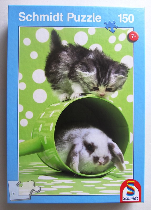 A fluffy kitten standing on top of a green watering can with a rabbit sitting inside.