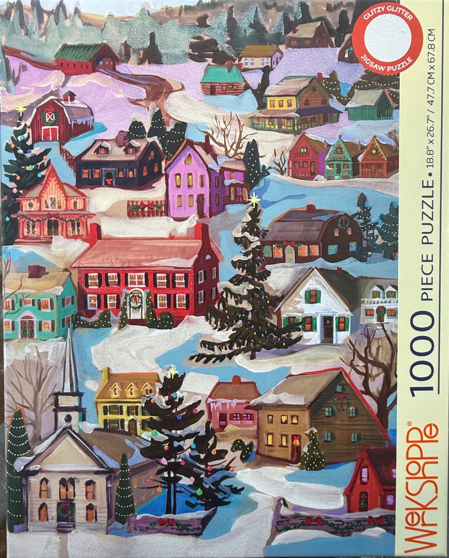 A whimsical folk-art style winter village scene at night with houses, churches, and decorated Christmas trees.