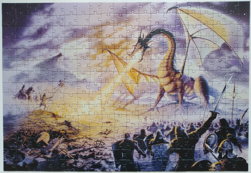 A fantasy illustration of a dragon breathing fire onto an army of knights on a battlefield.