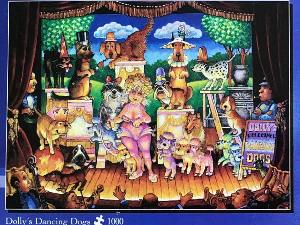 A whimsical illustration of a female performer leading a variety of costumed dogs on a circus stage.